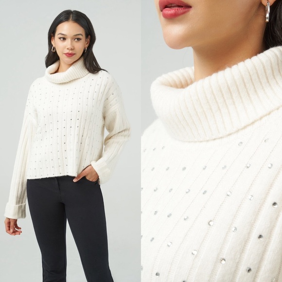 Sz M Adyson Parker Rhinestone Embellished Turtleneck Sweater In Chalk NWT - Picture 5 of 5